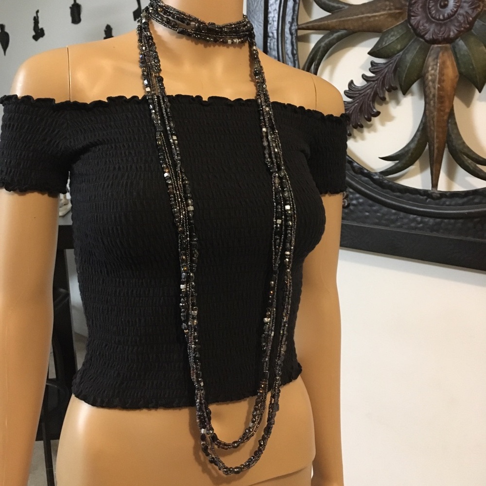 Hollister Off the Shoulder Crinkle Black Stretchy Sexy Top Small - Picture 1 of 9